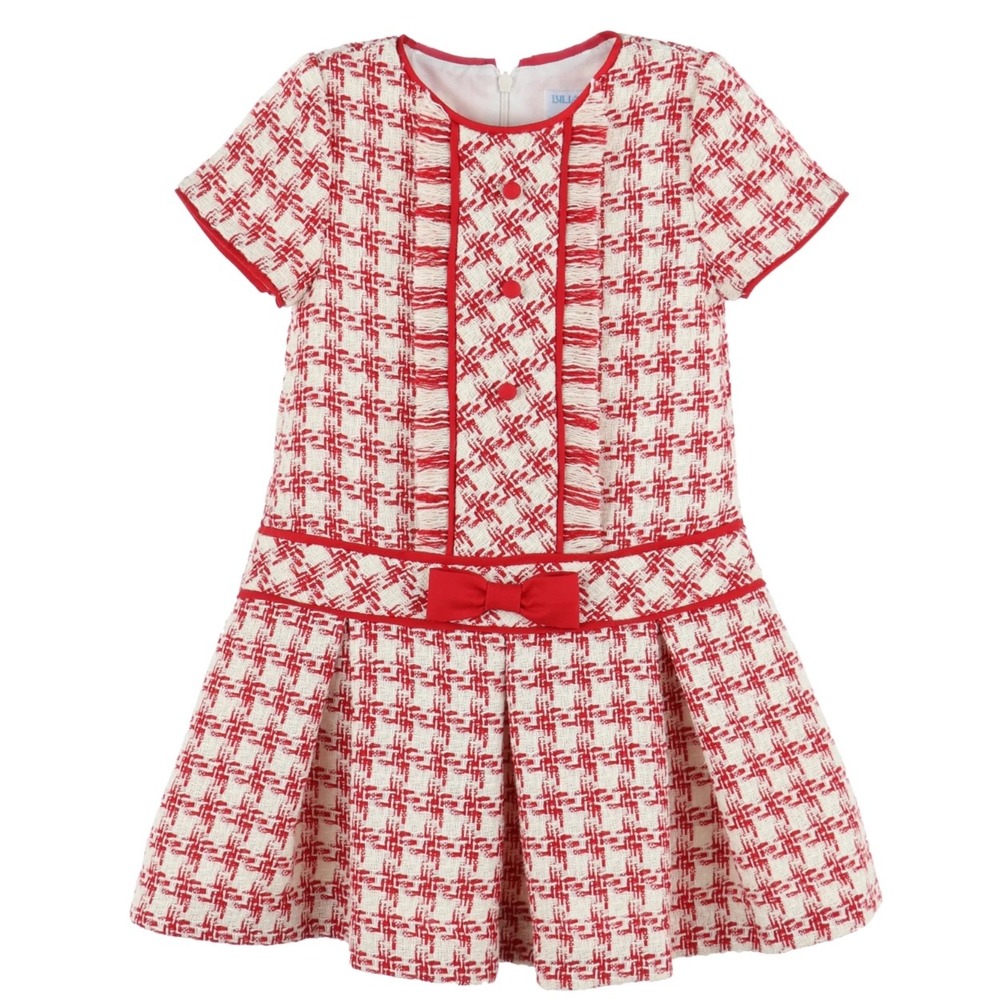 Luli & Me Girls 10 NWT Red Ivory Tweed Holiday Dress Bow Wool Blend 8290